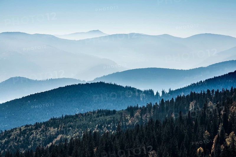 Staggered mountain ranges in haze, at Hohneck, Col de la Schlucht, Vosges, Alsace-Lorraine, Vosges Haut-Rhin Department, France