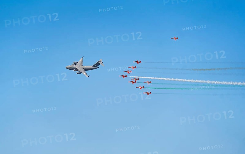The Indian Air Force aerobatic team performs during an air show as part of the 93rd Air Force Day celebrations on November 8, 2025 in Guwahati, India