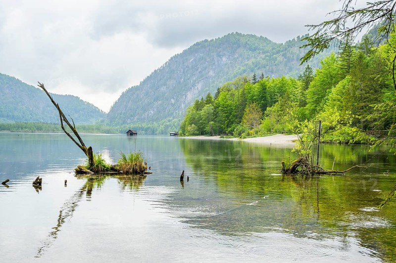 Landscape of Lake Almsee on a rainy day in spring, Salzkammergut, Austria