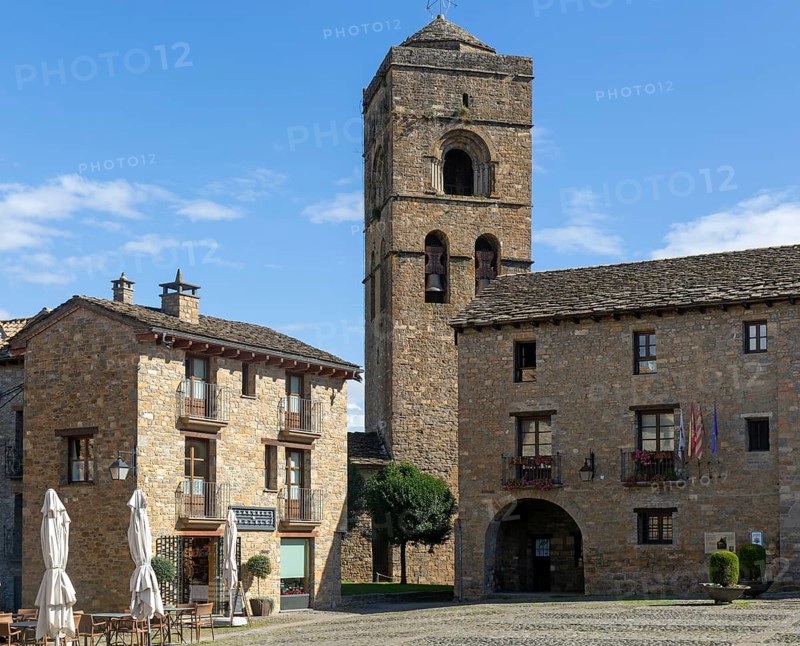 Church tower and town hall, historic buildings medieval village of Ainsa, Aínsa-Sobrarbe, Huesca province, Aragon, Spain