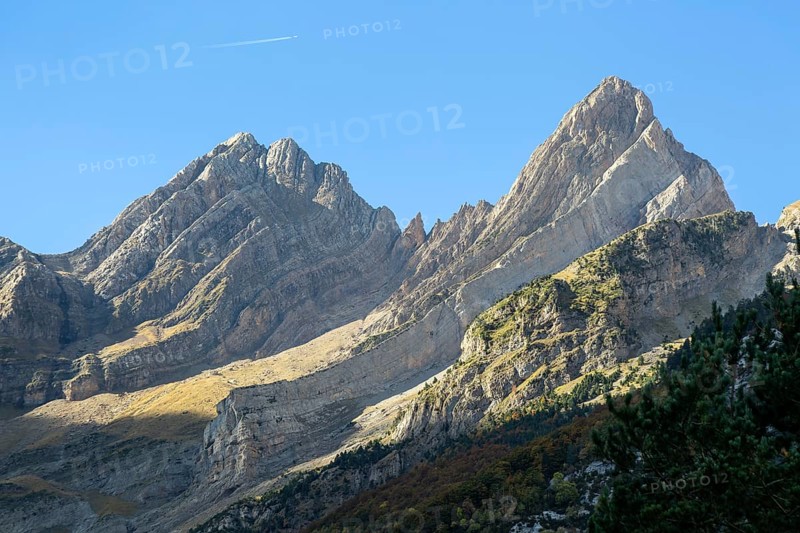 Mountain landscape view Ordesa y Monte Perdido National Park, Bielsa parador, Huesca province, Aragon, Spain