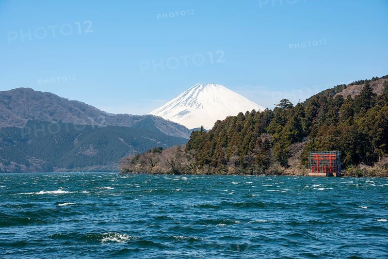 View of Lake Ashi with Mount Fuji volcano and peace torii from Hakone Shrine, Hakone, Japan