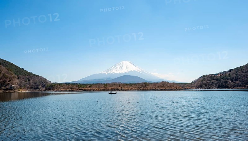 View across the lake to Mt Fuji volcano, Motosu Lake, Yamanashi Prefecture, Japan