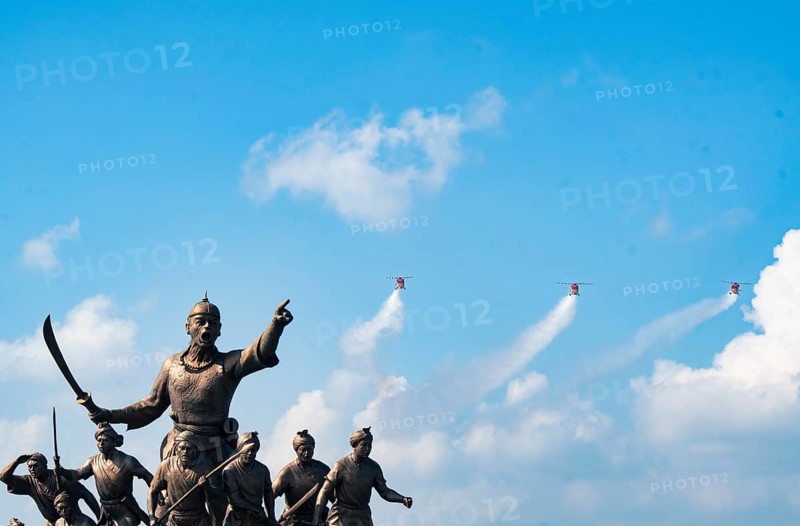Indian Air Force aerobatic team performs during rehearsals ahead of the air show organised as part of the 93rd Air Force Day celebrations, on November 5, 2025 in Guwahati, India