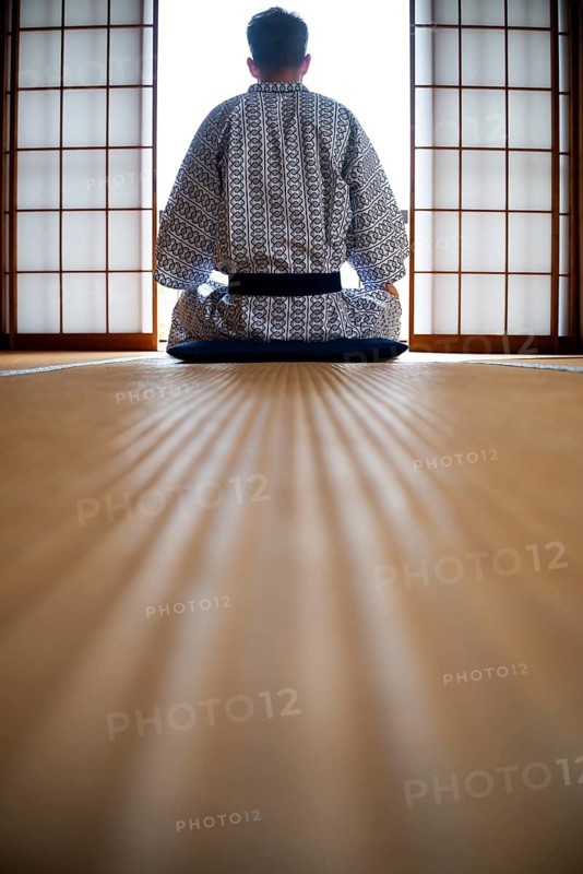 Young man wearing kimono sitting in traditional Japanese living room with tatami mats and shoji sliding doors, from behind, Yamanouchi, Nagano, Japan