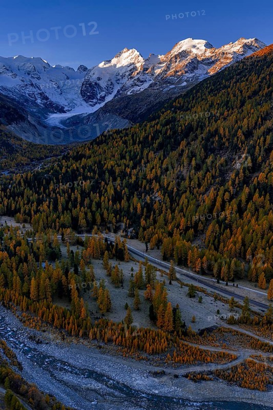 Mountain landscape, larch forest, autumn, autumn discoloration, morning light, aerial view, glacier, Morteratsch valley, Morteratsch glacier, Engadin, Switzerland
