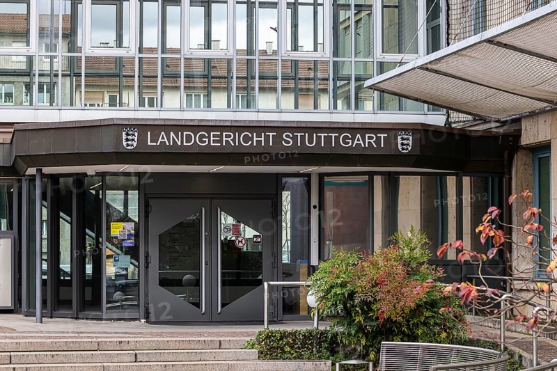 Stuttgart Regional Court. Lettering on the courthouse. Stuttgart, Baden-Württemberg, Germany