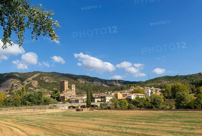 Landscape view from countryside of medieval village of Biel, Cinco Villas, Zaragoza province, Aragon, Spain
