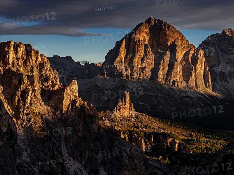 Mountain landscape, morning light, cloud atmosphere, autumn, aerial view, Giau Pass, view of Tofana Group, Dolomites, Italy