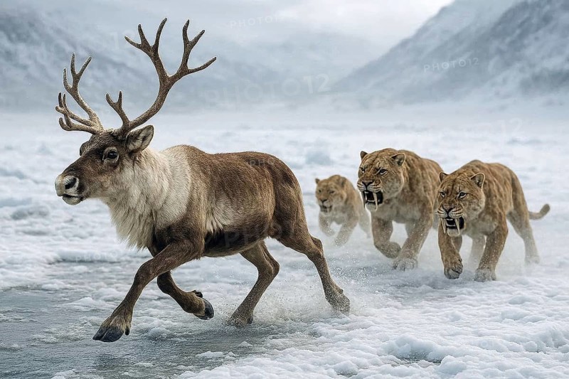 A reindeer is hunted by sabre-toothed tigers, sabre-toothed cats, smilodon (Machairodontinae) in the cold steppe during the ice age, symbol predator, prehistoric, extinct, animal portrait, Pleistocene, AI generated, AI generated