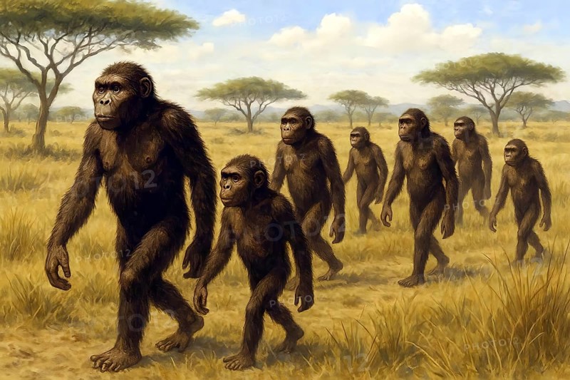 A group of Australopithecus runs through a savanna, symbol extinct, fossil, prehuman, Africa, paleontology, Australopithecines, AI generated, AI generated