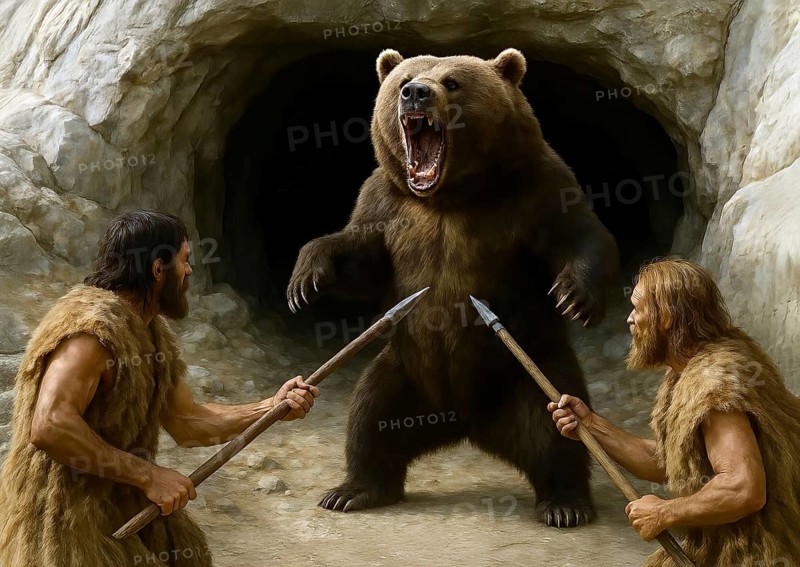 An ice age cave bear (Ursidae) is attacked with spears in front of its cave by prehistoric hunters, symbolic image cold age, ice age, predator, animal world, extinct, prehistoric, AI generated, AI generated
