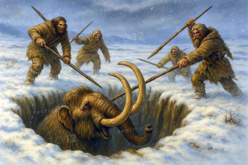A mammoth (mammoth) in a trap in the glacial cold steppe is attacked by prehistoric hunters with spears, symbolic image woolly mammoth, mammoth primigenius, elephant, ice age, prehistoric, extinct, animal world, AI generated, AI generated