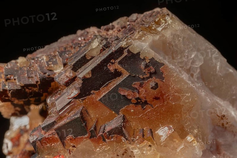 Transparent crystals sit on rocks and reveal their unique shimmer and geological structure. The light underlines the natural beauty of minerals. Bas Rhin, Alsace, France