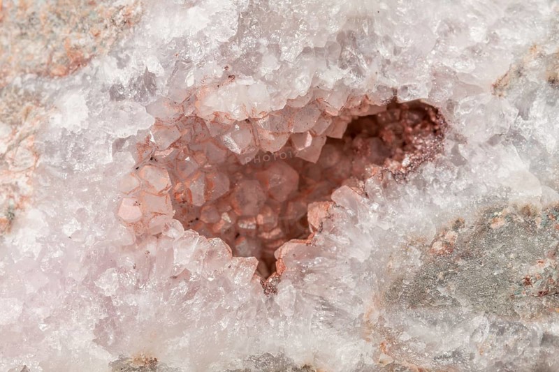 A sparkling quartz geode reveals sparkling crystals inside. The light plays with the facets of minerals and creates a fascinating spectacle on the surface. Bas Rhin, Alsace, France