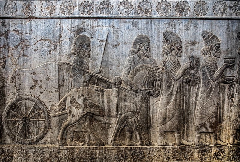 Relief detail of the delegation of peoples bringing gifts to Darius on the stairs of the Apadana Palace, Persepolis