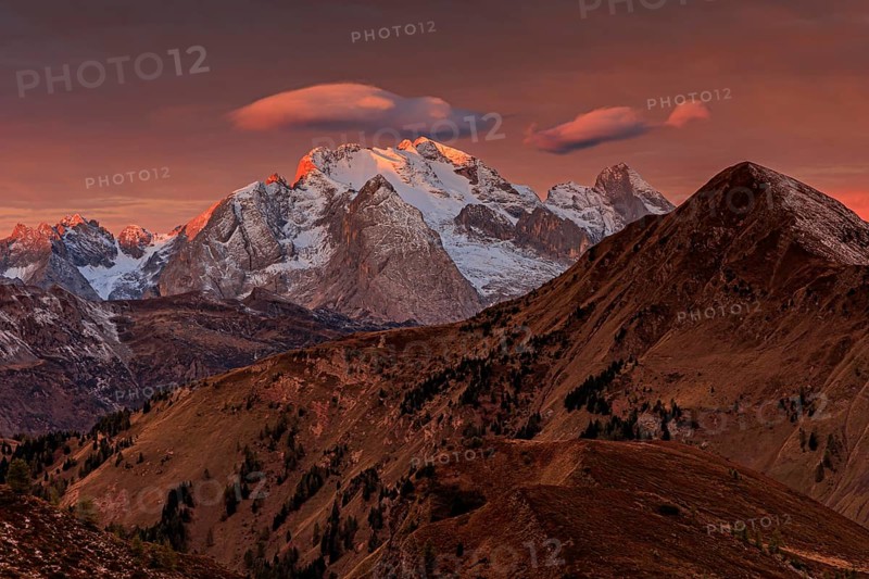 Dawn, clouds, morning mood, mountains, autumn, view of Marmolada, Giau Pass, Dolomites, Italy