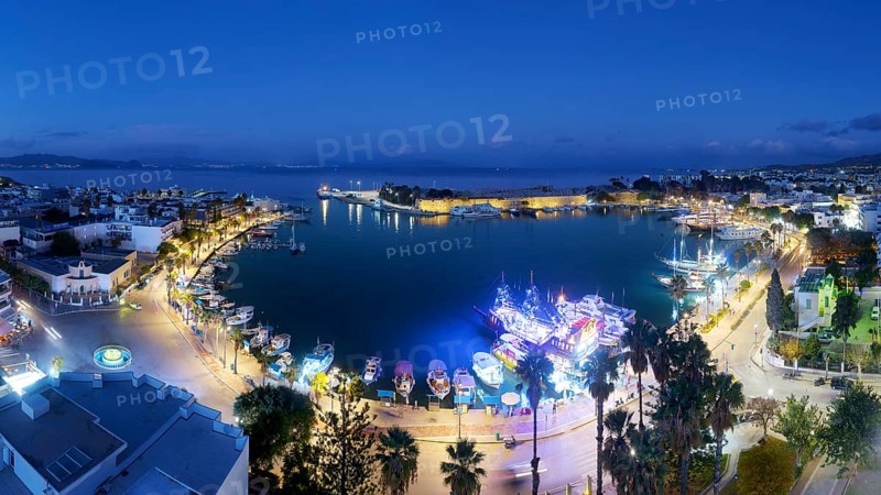 Aerial view, night view, Mandraki harbor, seaport, harbor promenade, ship, ships, illuminated, back fortress, Neratzia, also Nerantzis, Kos town, island of Kos, Dodecanese islands, Greece