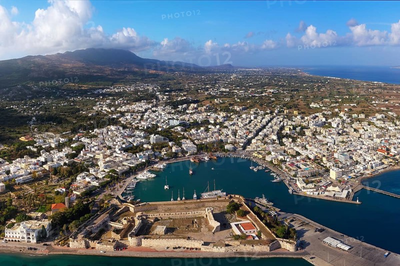 Aerial view, below Kastro, Neratzia fortress, also Nerantzia, castle, first mentioned in 1395, formerly fortress of the Order of St. John, today ruin, above Mandraki harbor, yacht port, ship, ships, city of Kos, Dodecanese islands, Greece, eastern Adriatic, Mediterranean