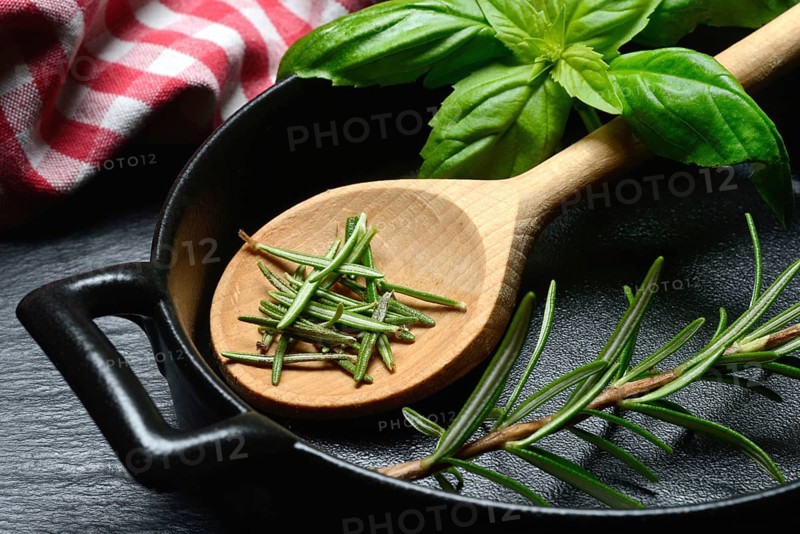 Rosemary, rosemary leaves and rosemary sprig with cooking pot