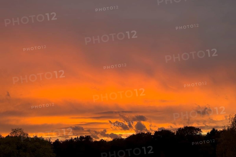 Fiery red evening sky with gray Cumulus fractus clouds above forest edge, Nimbostratus above, international
