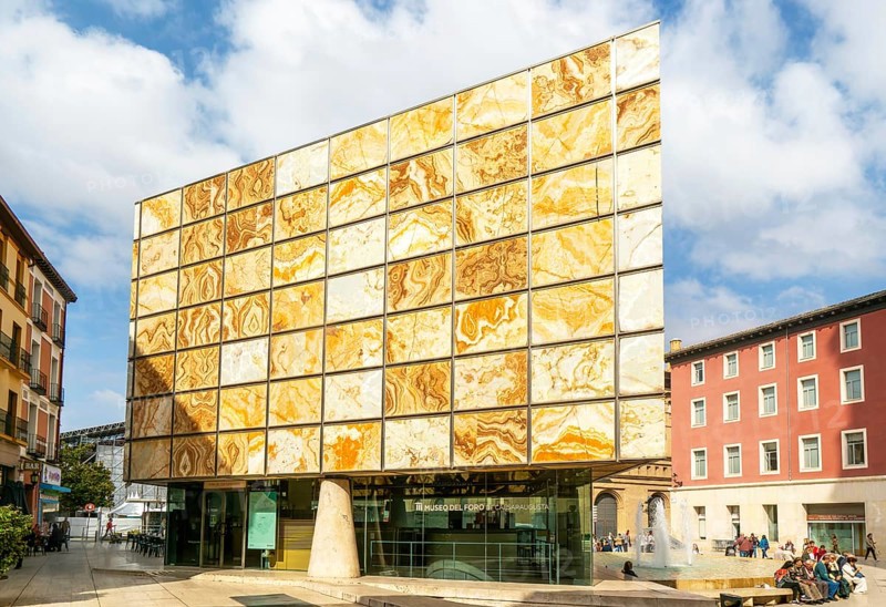 Modern architecture of Museo del Foro de Caesaraugusta, Roman forum museum building, Zaragoza, Aragon, Spain