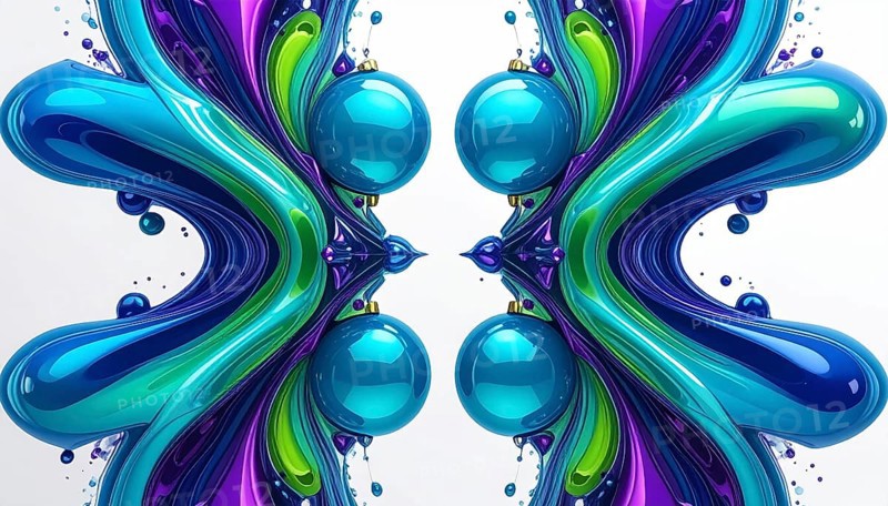 Symmetric Abstract Bright Liquid Ornament Background, futuristic wallpaper template illustration, vibrant blue and green neon hues, AI generated