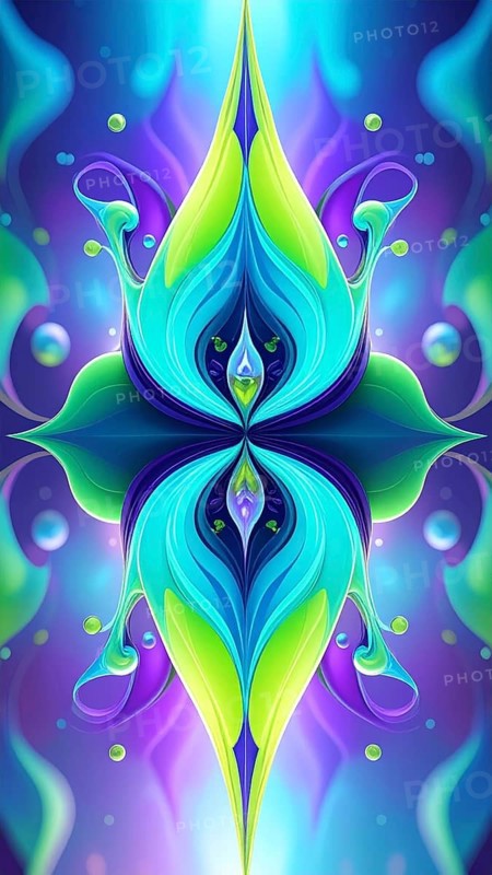 Symmetric Abstract Bright Liquid Ornament Background, futuristic wallpaper template illustration, vibrant blue and green neon hues, AI generated