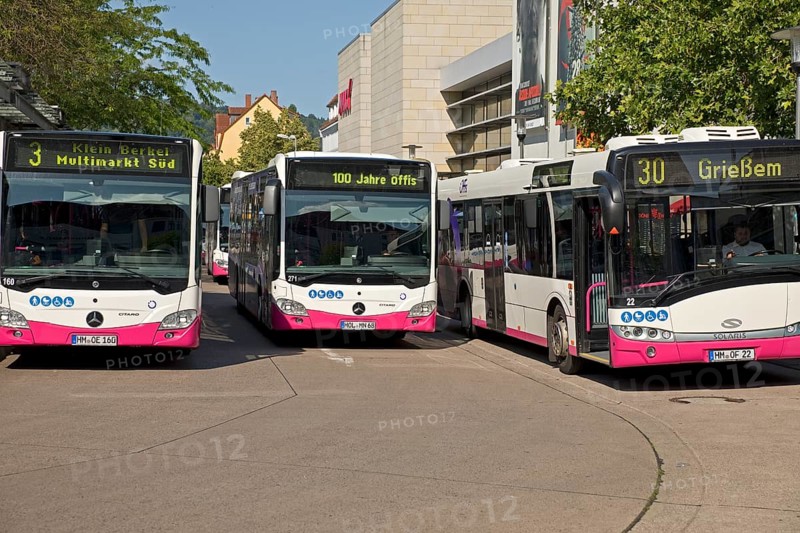 Many buses at the bus station, public transport in Hameln-Pyrmont, public transport Hameln-Pyrmont, Hameln, Lower Saxony, Germany