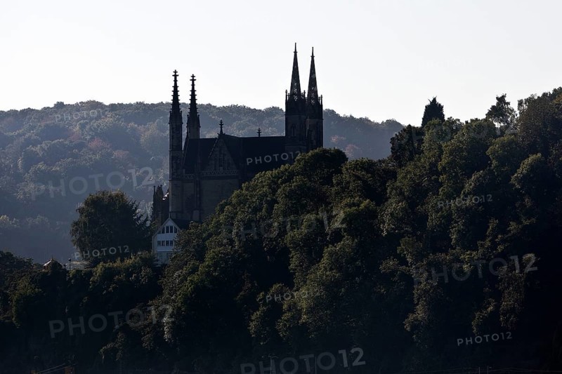Pilgrimage Church of St. Apollinaris, also Apollinaris Church on Apollinarisberg in Remagen looking back as a silhouette, Rhineland-Palatinate, Germany