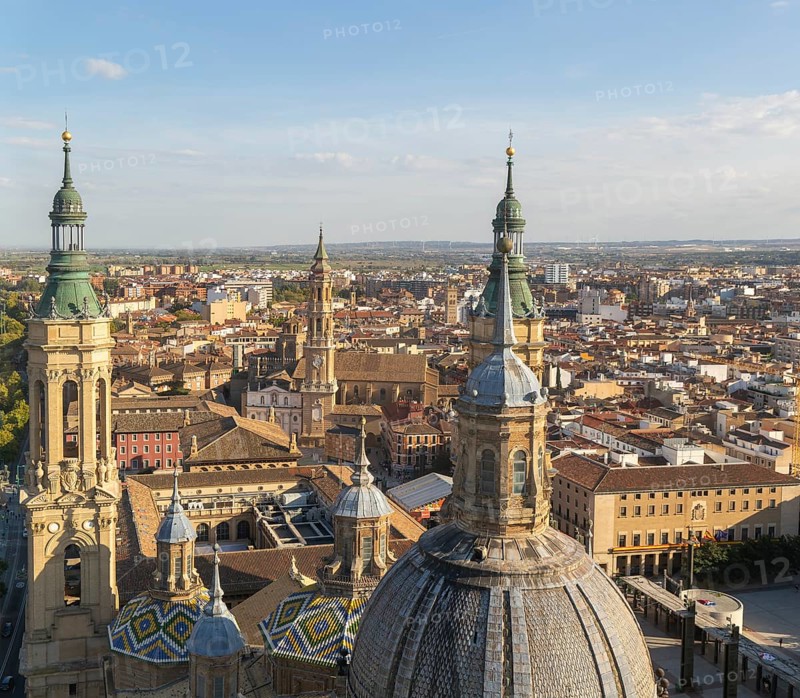 Rooftops of cathedral church Basilica of Our Lady of the Pillar, city centre of Zaragoza, Aragon, Spain