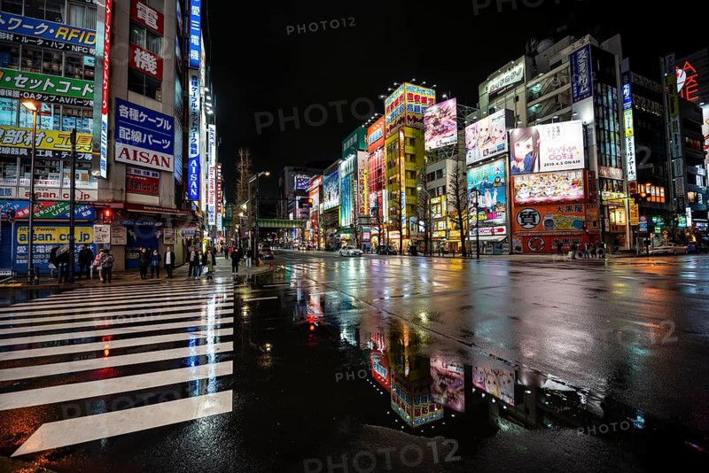 Street and neon sign, street scene at night, Tokyo, Japan