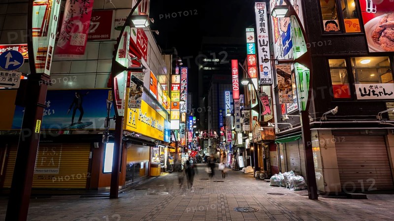 Pedestrian street with neon sign, long exposure, street scene at night, Tokyo, Japan