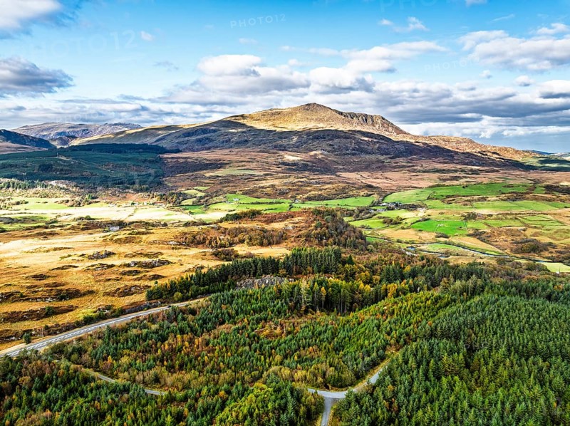 Snowdonia National Park over Road A470 from a drone, Crimea Pass, Blaenau Dolwyddelan, Wales, England, United Kingdom