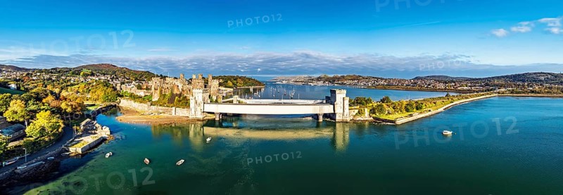 Conwy Castle over River Convy from a drone, Convy, North Wales, England, United Kingdom