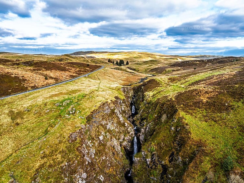 Cwm Cynfal Waterfalls on River Afon Cynfal from a drone, Llan Ffestiniog, Road B4391, Gwynedd, Snowdonia, Eryri, Wales, England, United Kingdom