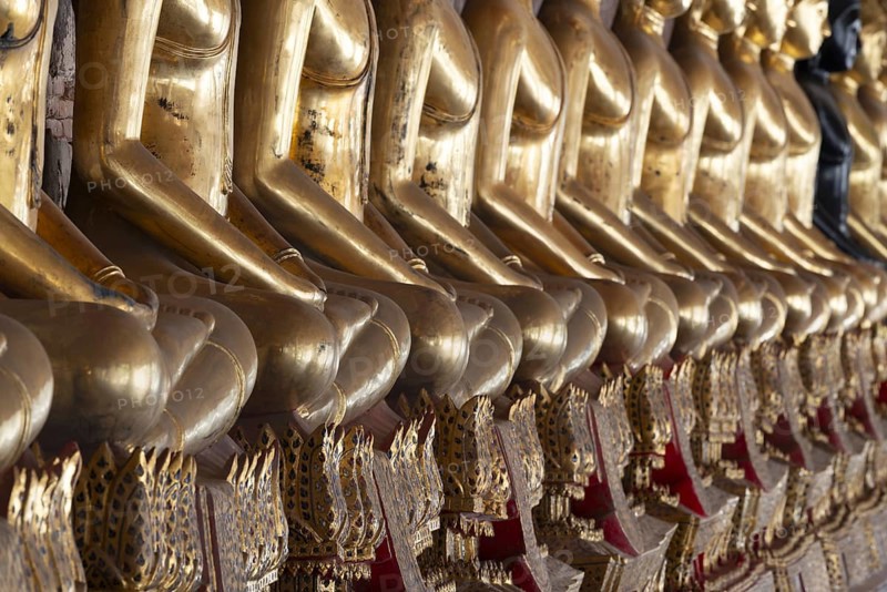Gilded Buddha statues (Bhumispara mudra: Buddha Gautama at the moment of enlightenment), Wat Suthat Thepwararam, Royal Temple, Phra Nakhon, Bangkok, Thailand