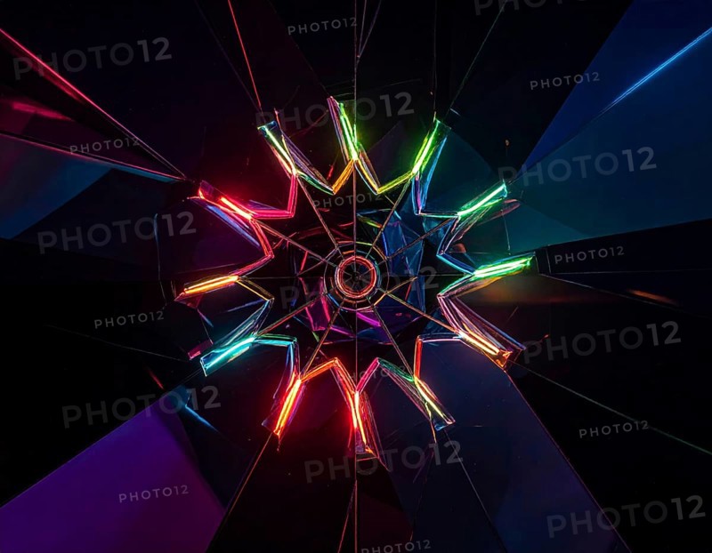 Abstract background of slightly unfocused multicolored glass lenses spinning and rotating, wallpaper illustration in vibrant neon colors, mandala background for business, textures and pattern, AI generated