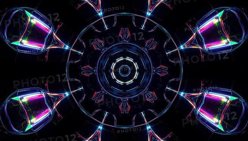 Abstract background of slightly unfocused multicolored glass lenses spinning and rotating, wallpaper illustration in vibrant neon colors, mandala background for business, textures and pattern, AI generated