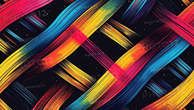 Abstract digital art featuring vibrant, intersecting neon lines creating a geometric pattern, Intersecting neon lines form a vibrant abstract geometric grid against a black background, Seamless looping illustration, colorful diagonal lines, creating a modern dynamic template background, vibrant colored lines and geometric forms for business or technology wallpaper, AI generated