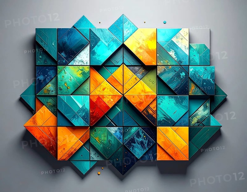 Abstract modern template, geometric effect stylized as mosaic tile, vibrant colorful business wallpaper illustration, pattern and textured geometric forms, wall art poster design, AI generated