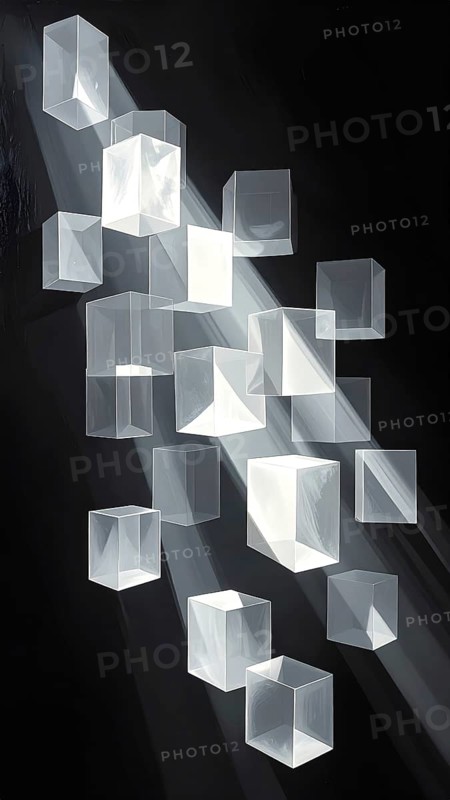 Abstract animation, glass cubes on black background, modern business wallpaper illustration, AI generated