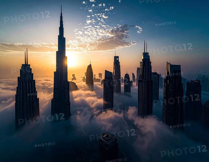 City scape emerging from a dense enveloping fog in sunrise and skyscrapers piercing the haze, big metropolis with skyline, mist on ground, blue sky, city in an aerial view, AI generated