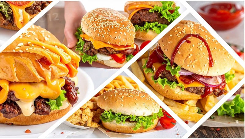 Collage of various fast food meals. beagles, hamburger, cheeseburger, french fries and a view green salad pieces, unhealthy lifestyle, symbol for bad nutrition, wallpaper illustration for banner or template background, AI generated