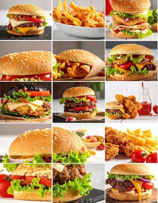 Collage of various fast food meals. beagles, hamburger, cheeseburger, french fries and a view green salad pieces, unhealthy lifestyle, symbol for bad nutrition, wallpaper illustration for banner or template background, AI generated