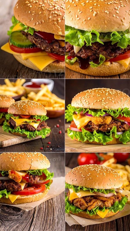 Collage of various fast food meals. beagles, hamburger, cheeseburger, french fries and a view green salad pieces, unhealthy lifestyle, symbol for bad nutrition, wallpaper illustration for banner or template background, AI generated