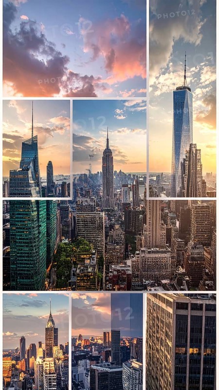 Collage of skyscrapers of a metropolitan city, various skylines with different blue sky in sunset, urban wallpaper illustration background, banner or template for real estate and travel themes, AI generated