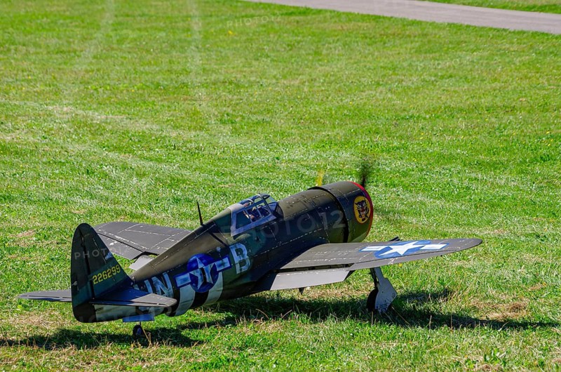 An RC model of a Republic P-47 Thunderbolt during a demonstration as part of an air show at the Fliegerbergfest of the Rossfeld Luftsportverein in Metzingen-Glems, Baden-Württemberg, Germany, for editorial use only