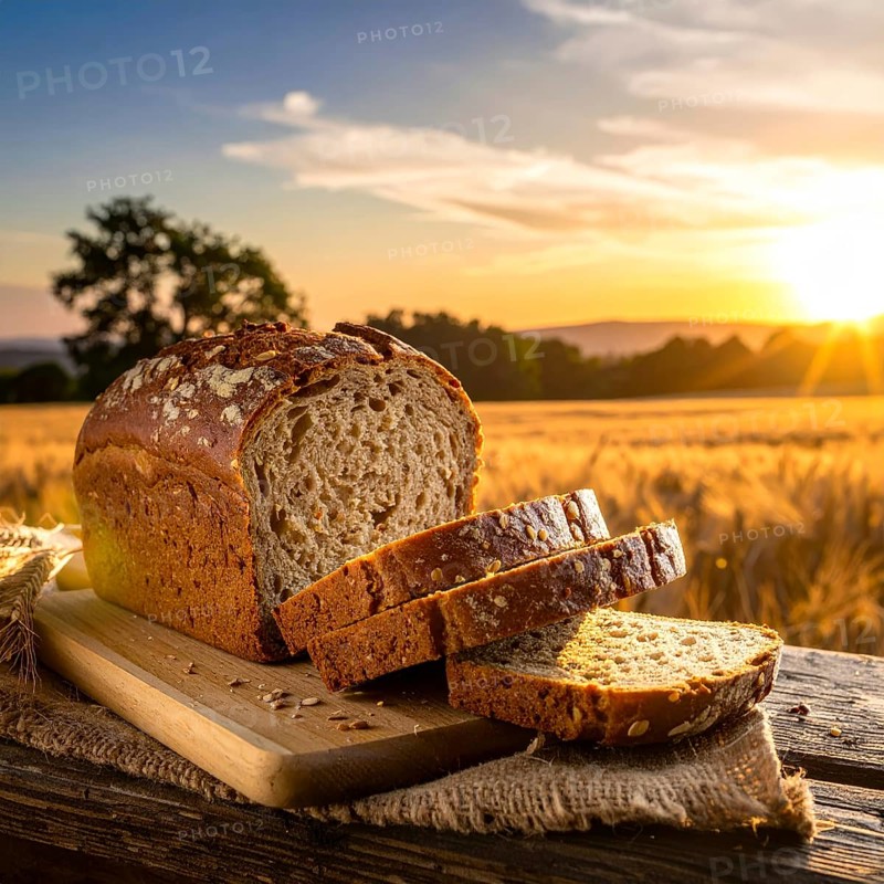 Rustic loaf of whole grain bread, fresh baked, close up of bread on dark wooden table, golden rust, soft lighting with blurred background, symbol for bakery and agriculture, healthy eating background, AI generated