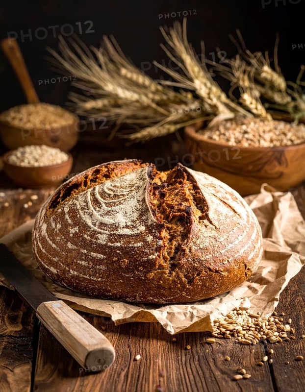 Rustic loaf of whole grain bread, fresh baked, close up of bread on dark wooden table, golden rust, soft lighting with blurred background, symbol for bakery and agriculture, healthy eating background, AI generated